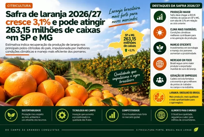 Safra de laranja 2026/27 cresce 3,1% e pode atingir 263,15 milhões de caixas em SP e MG