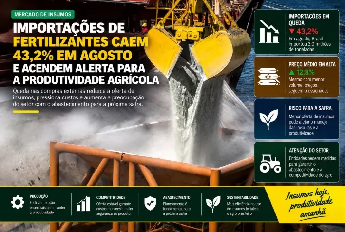 Importações de fertilizantes caem 43,2% em agosto e acendem alerta para a produtividade agrícola