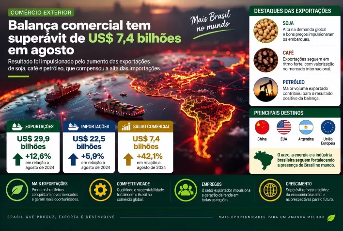 Balança comercial tem superávit de US$ 7,4 bilhões em agosto com alta das exportações de soja, café e petróleo
