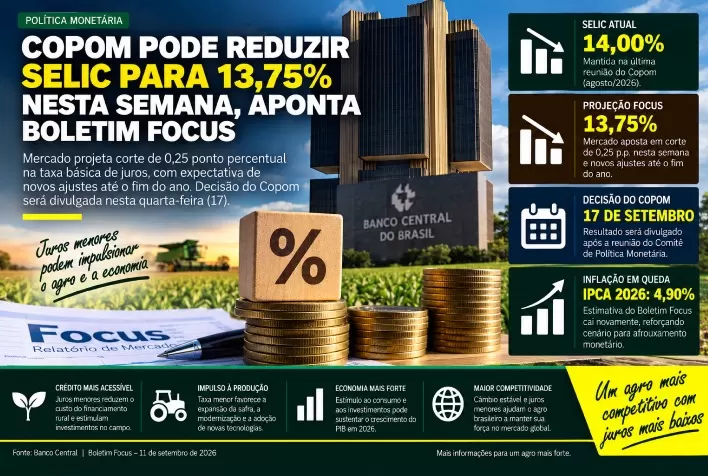 Copom pode reduzir Selic para 13,75% nesta semana, aponta Boletim Focus
