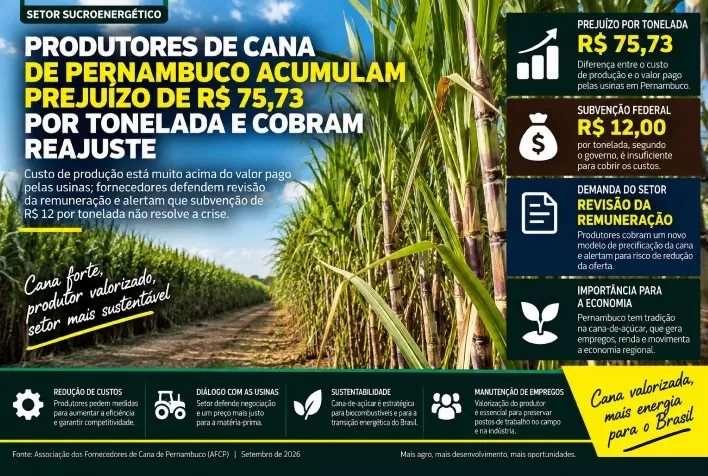 Produtores de cana de Pernambuco acumulam prejuízo de R$ 75,73 por tonelada e cobram reajuste