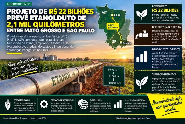 Projeto de R$ 22 bilhões prevê etanolduto de 2,1 mil quilômetros entre Mato Grosso e São Paulo
