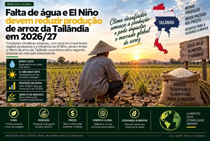 Falta de água e El Niño devem reduzir produção de arroz da Tailândia em 2026/27