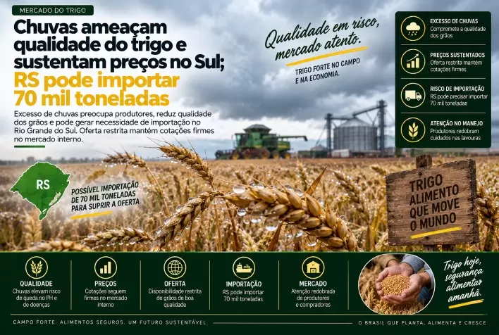 Chuvas ameaçam qualidade do trigo e sustentam preços no Sul; RS pode importar 70 mil toneladas