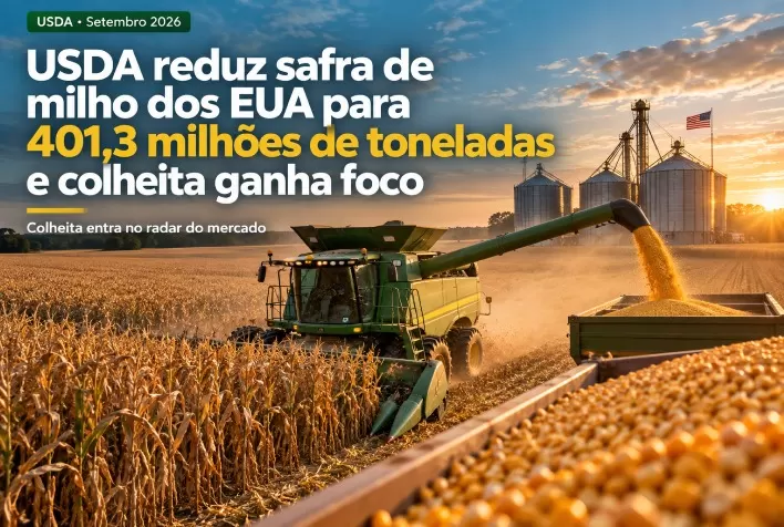 USDA reduz safra de milho dos EUA para 401,3 milhões de toneladas e colheita ganha foco