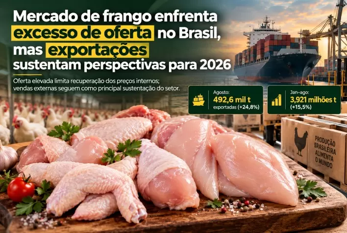 Mercado de frango enfrenta excesso de oferta no Brasil, mas exportações sustentam perspectivas para 2026