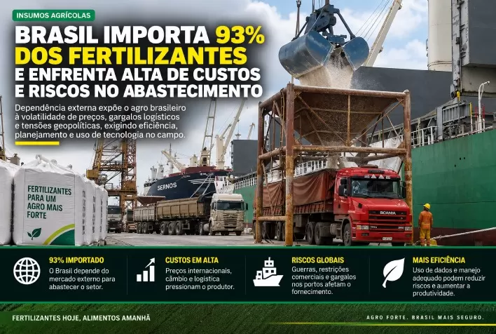 Brasil importa 93% dos fertilizantes e enfrenta alta de custos e riscos no abastecimento