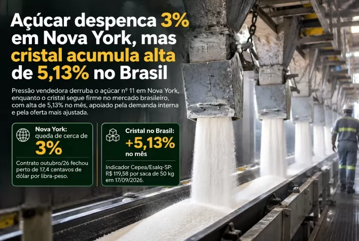Açúcar despenca 3% em Nova York, mas cristal acumula alta de 5,13% no Brasil