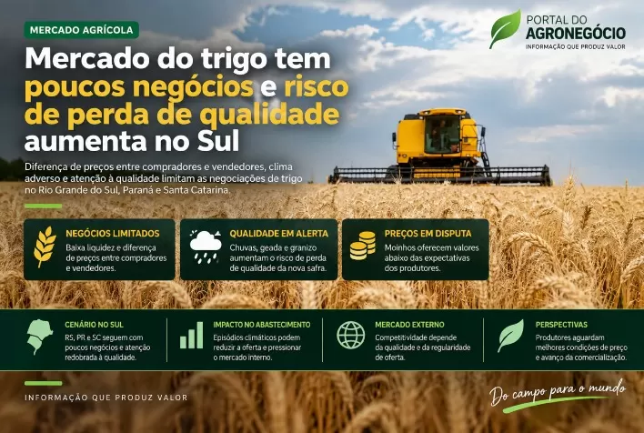 Mercado do trigo tem poucos negócios e risco de perda de qualidade aumenta no Sul
