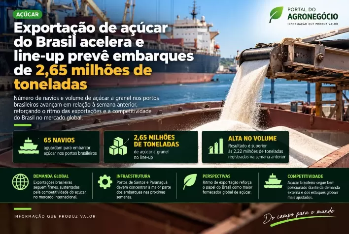 Exportação de açúcar do Brasil acelera e line-up prevê embarques de 2,65 milhões de toneladas