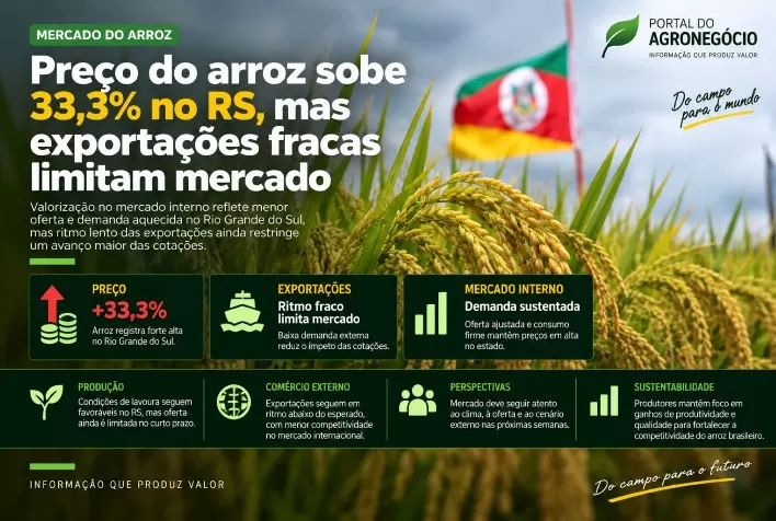 Preço do arroz sobe 33,3% no RS, mas exportações fracas limitam mercado