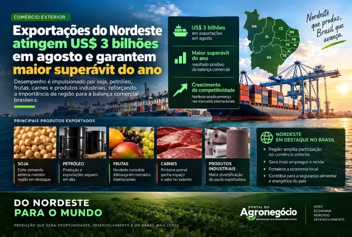 Exportações do Nordeste atingem US$ 3 bilhões em agosto e garantem maior superávit do ano