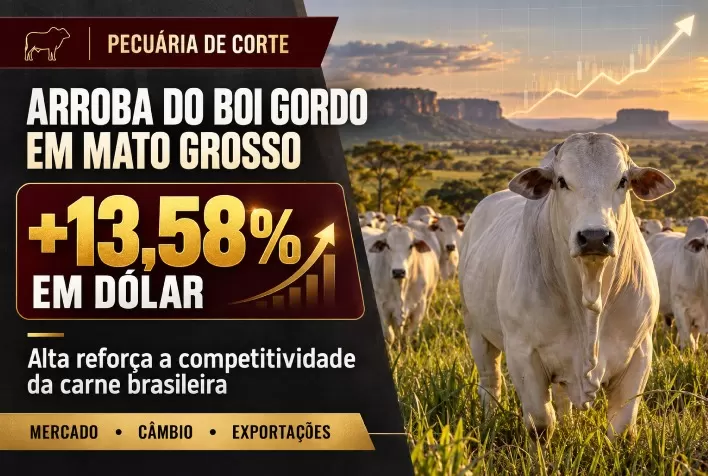 Arroba do boi gordo em Mato Grosso sobe 13,58% em dólar e reforça competitividade da carne