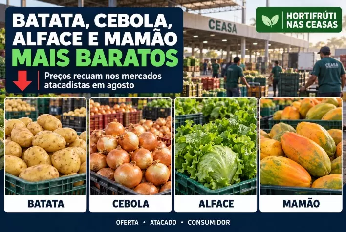 Batata, cebola, alface e mamão ficam mais baratos nas Ceasas em agosto