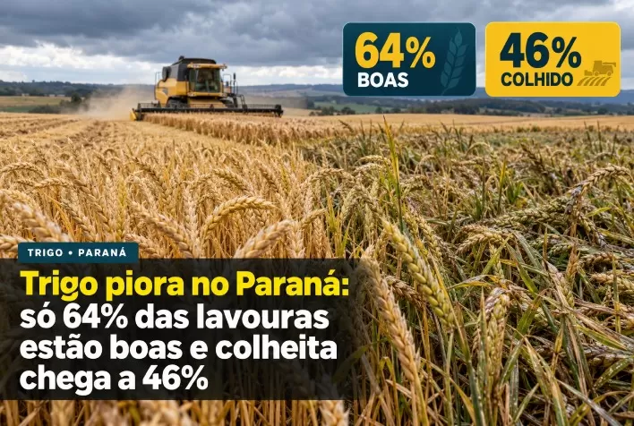 Trigo piora no Paraná: só 64% das lavouras estão boas e colheita chega a 46%