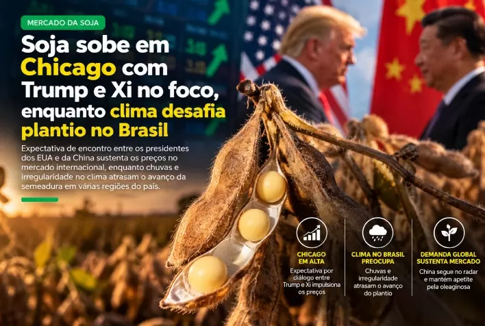 Soja sobe em Chicago com Trump e Xi no foco, enquanto clima desafia plantio no Brasil