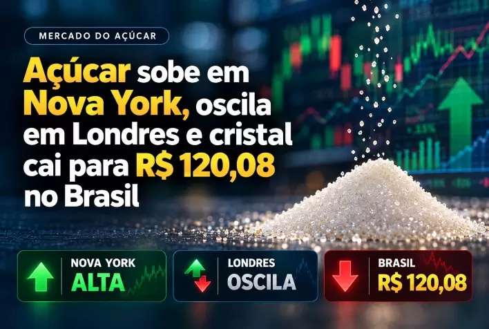 Açúcar sobe em Nova York, oscila em Londres e cristal cai para R$ 120,08 no Brasil