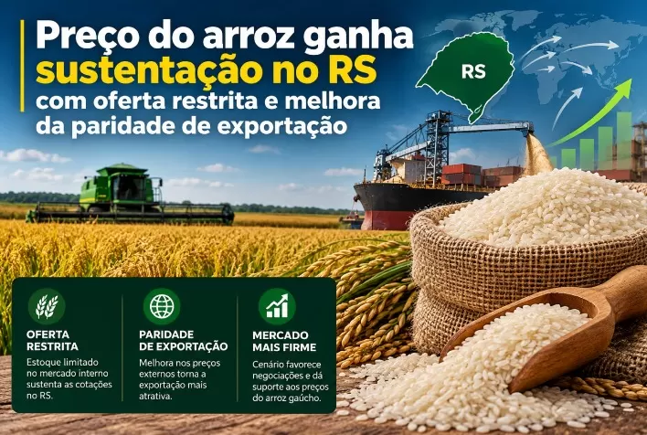 Preço do arroz ganha sustentação no RS com oferta restrita e melhora da paridade de exportação