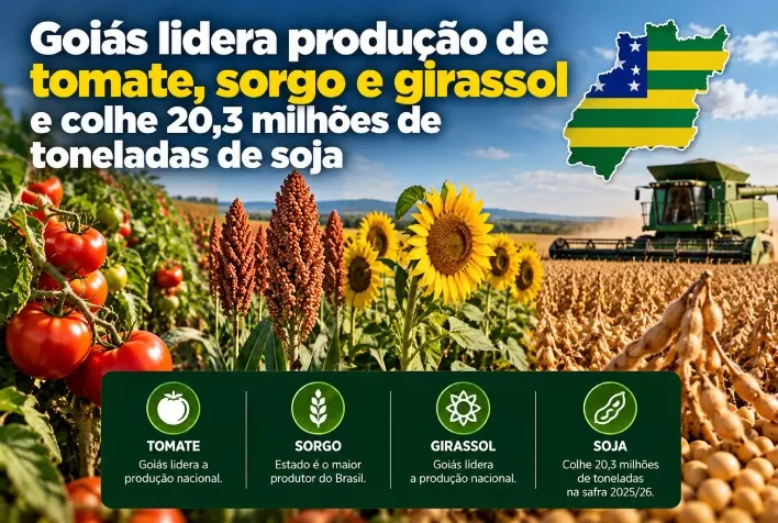 Goiás lidera produção de tomate, sorgo e girassol e colhe 20,3 milhões de toneladas de soja