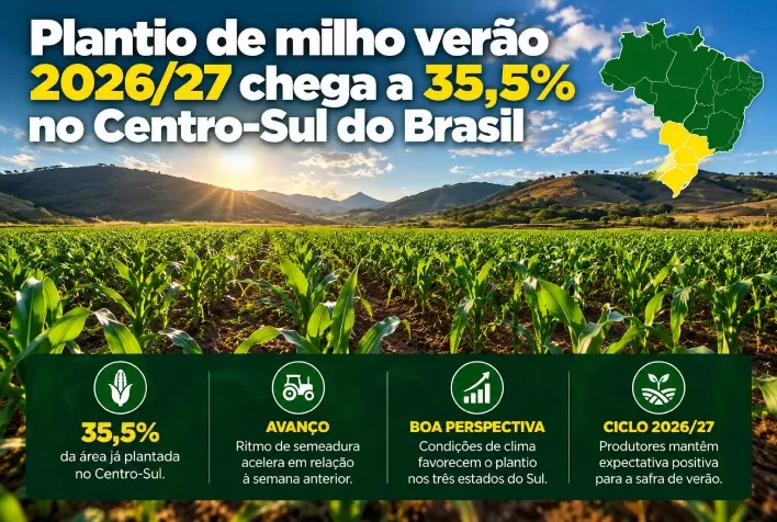 Plantio de milho verão 2026/27 chega a 35,5% no Centro-Sul do Brasil