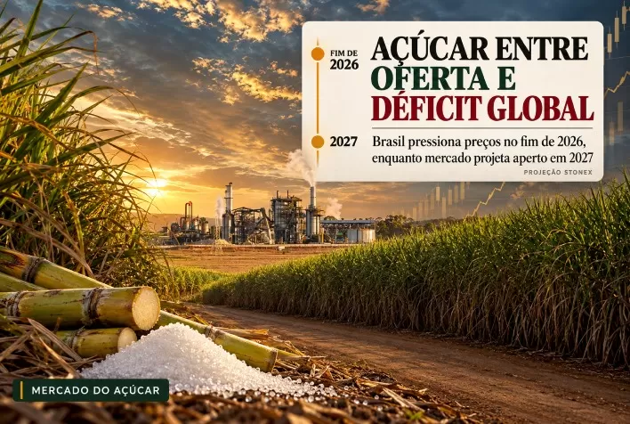 Açúcar pode ter déficit global em 2027, mas oferta brasileira pressiona preços no fim de 2026, diz StoneX