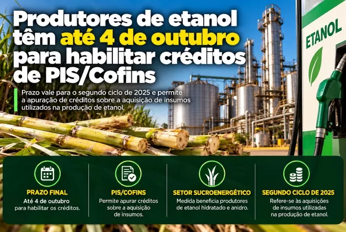 Produtores de etanol têm até 4 de outubro para habilitar créditos de PIS/Cofins