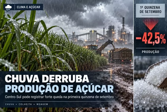 Chuva deve reduzir produção de açúcar em 42,5% no Centro-Sul na primeira quinzena de setembro