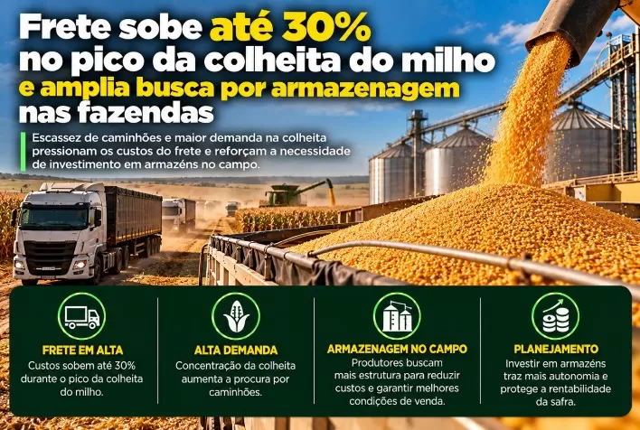 Frete sobe até 30% no pico da colheita do milho e amplia busca por armazenagem nas fazendas