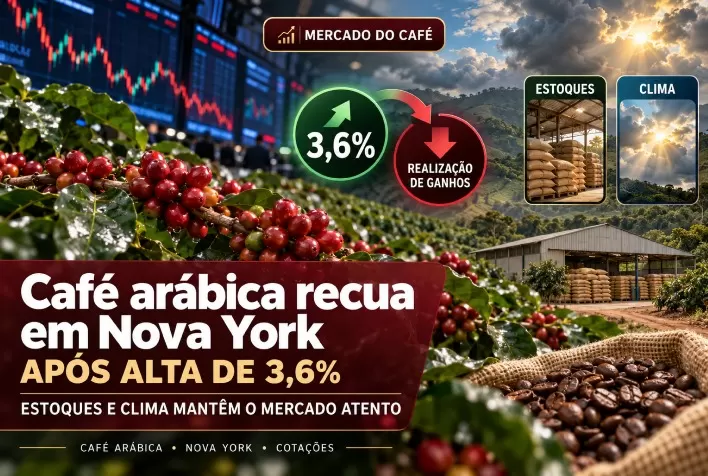 Café arábica recua em Nova York após alta de 3,6%; estoques e clima sustentam atenção do mercado