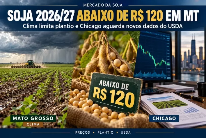 Soja da safra 2026/27 cai abaixo de R$ 120 em MT; clima limita plantio e Chicago aguarda USDA
