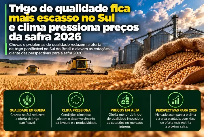 Trigo de qualidade fica mais escasso no Sul e clima pressiona preços da safra 2026