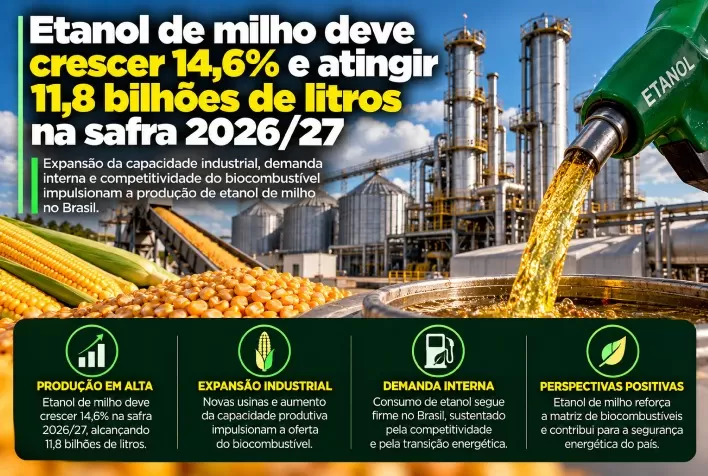 Etanol de milho deve crescer 14,6% e atingir 11,8 bilhões de litros na safra 2026/27