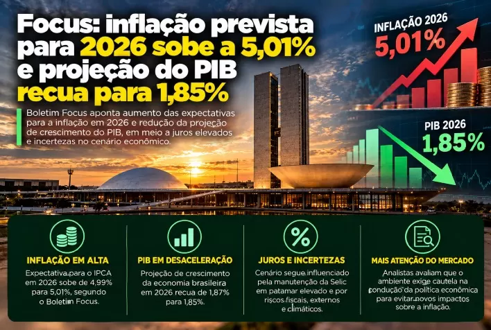 Focus: inflação prevista para 2026 sobe a 5,01% e projeção do PIB recua para 1,85%