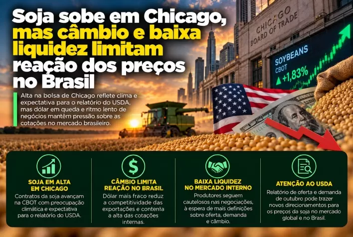 Soja sobe em Chicago, mas câmbio e baixa liquidez limitam reação dos preços no Brasil