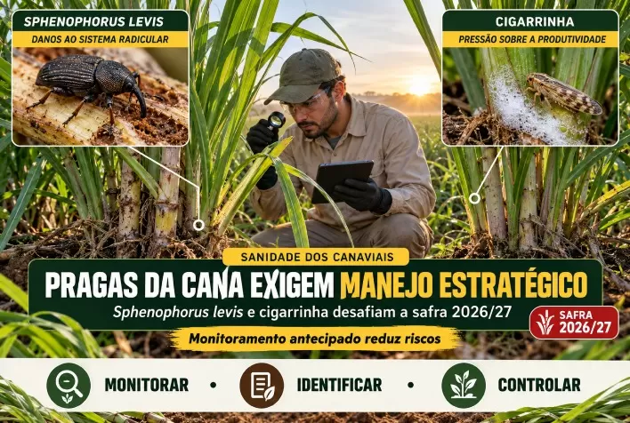 Pragas da cana-de-açúcar: Sphenophorus levis e cigarrinha exigem manejo na safra 2026/27