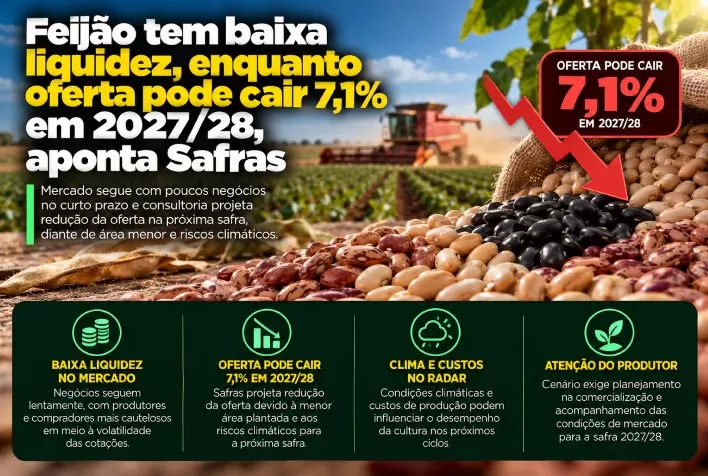 Feijão tem baixa liquidez, enquanto oferta pode cair 7,1% em 2027/28, aponta Safras