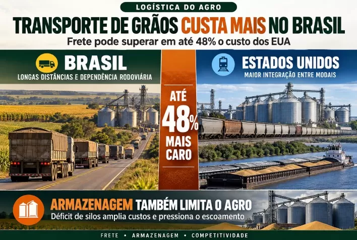 Transporte de grãos custa até 48% mais no Brasil que nos EUA; armazenagem também limita o agro