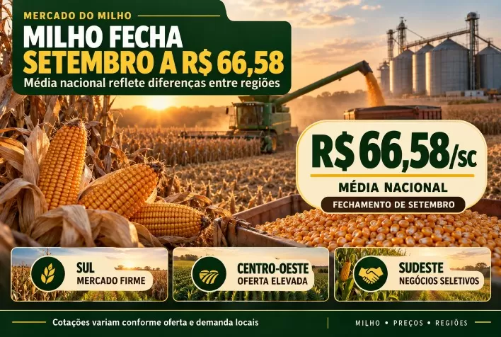 Preço do milho fecha setembro a R$ 66,58 na média nacional, com diferenças entre regiões