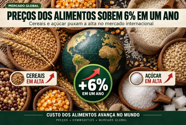Preços globais dos alimentos sobem 6% em um ano, com alta de cereais e açúcar