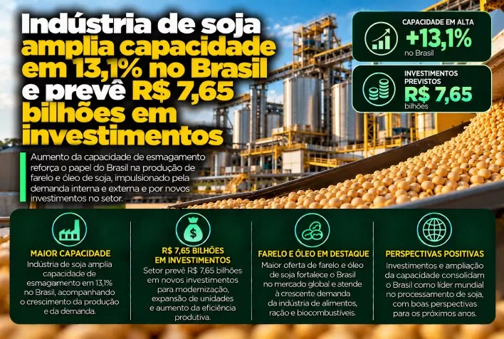 Indústria de soja amplia capacidade em 13,1% no Brasil e prevê R$ 7,65 bilhões em investimentos