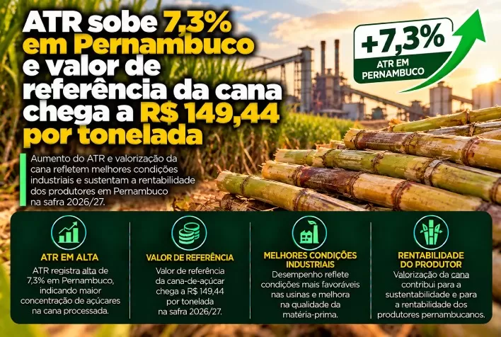 ATR sobe 7,3% em Pernambuco e valor de referência da cana chega a R$ 149,44 por tonelada