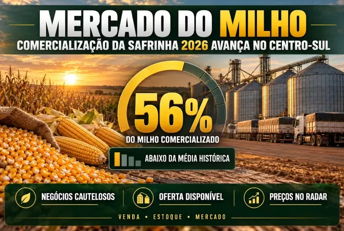 Comercialização do milho safrinha 2026 chega a 56% no Centro-Sul, abaixo da média histórica