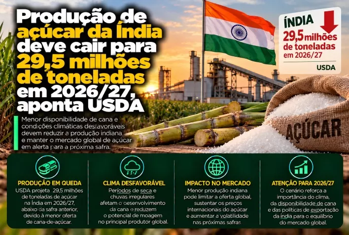 Produção de açúcar da Índia deve cair para 29,5 milhões de toneladas em 2026/27, aponta USDA