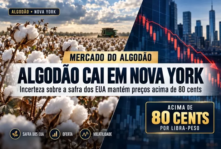 Algodão cai em Nova York, mas incerteza sobre safra dos EUA sustenta preços acima de 80 cents