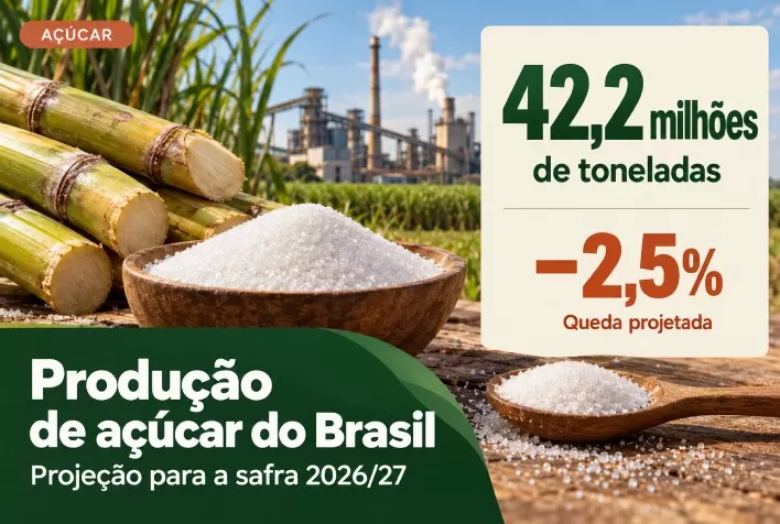 Produção de açúcar do Brasil deve cair 2,5% em 2026/27, para 42,2 milhões de toneladas