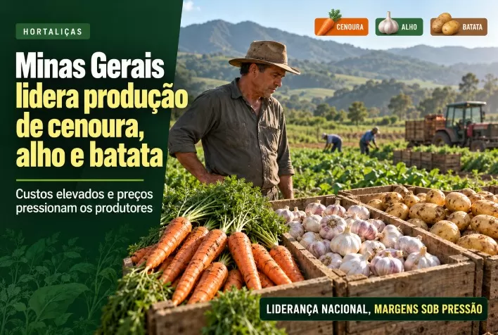 Minas Gerais lidera produção de cenoura, alho e batata, mas custos e preços pressionam produtores