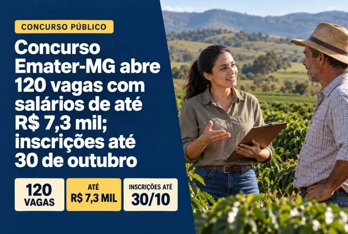 Concurso Emater-MG abre 120 vagas com salários de até R$ 7,3 mil; inscrições até 30 de outubro