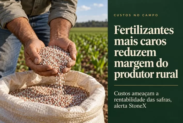 Fertilizantes mais caros reduzem margem do produtor rural e ameaçam rentabilidade das safras, alerta StoneX
