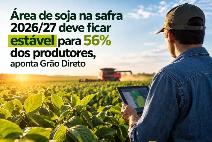 Área de soja na safra 2026/27 deve ficar estável para 56% dos produtores, aponta Grão Direto