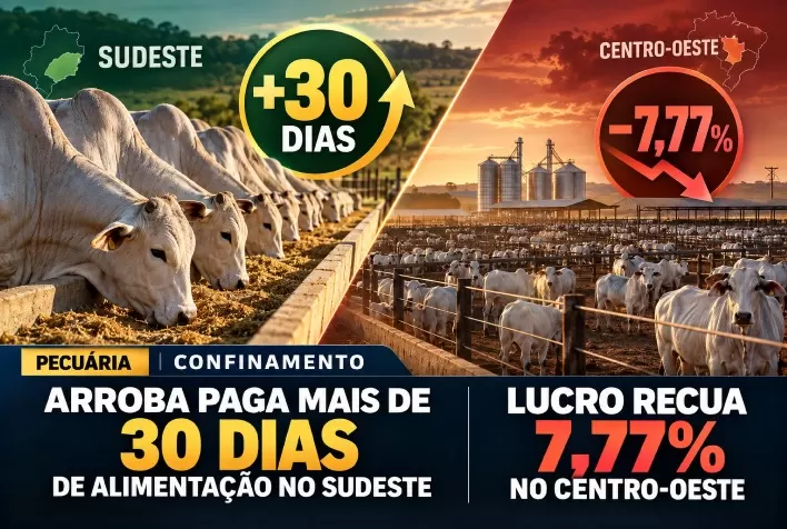 Confinamento: arroba paga mais de 30 dias de alimentação no Sudeste e lucro recua 7,77% no Centro-Oeste
